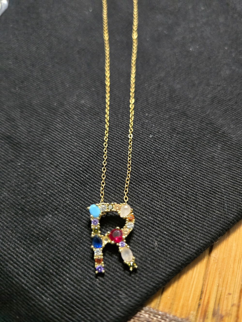 Gold Plated Letter R Pendant Necklace with Multicolor Gemstones